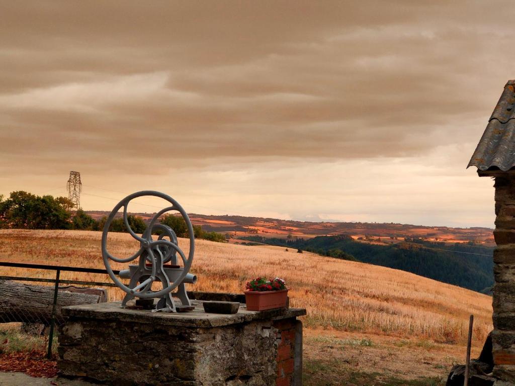 une sculpture métallique assise au-dessus d'un champ dans l'établissement La ferme au marronnier, à Valence-dʼAlbigeois
