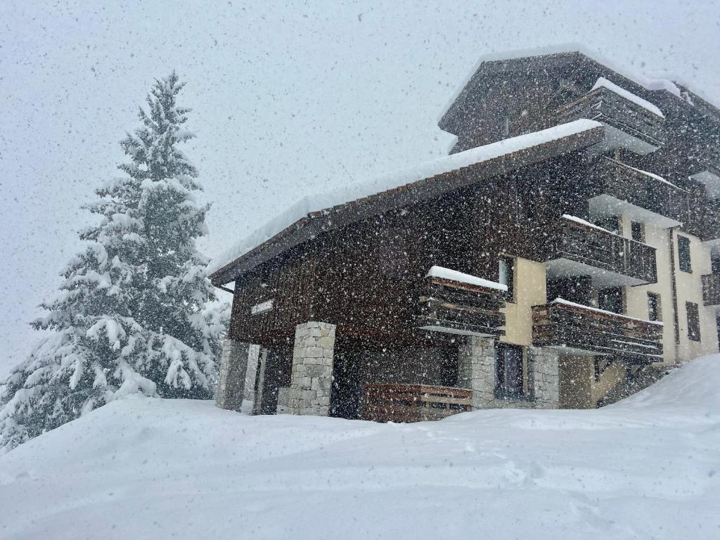 un bâtiment recouvert de neige devant un arbre dans l'établissement Bel appartement cosy PIED DES PISTES avec local ski LA PLAGNE, à Aime La Plagne