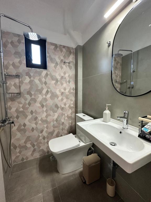 a bathroom with a sink and a toilet and a mirror at Tsimiklis Apartments in Finikounta