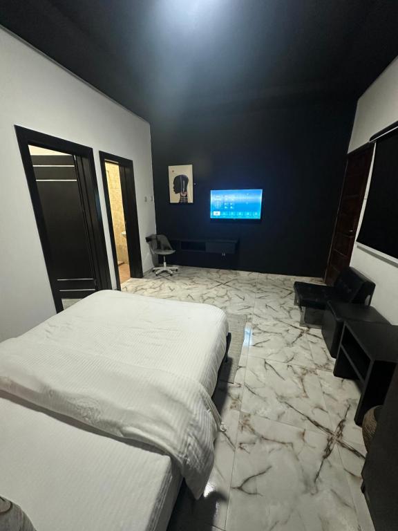 a bedroom with a bed and a flat screen tv at Aqua black studio room in Lagos