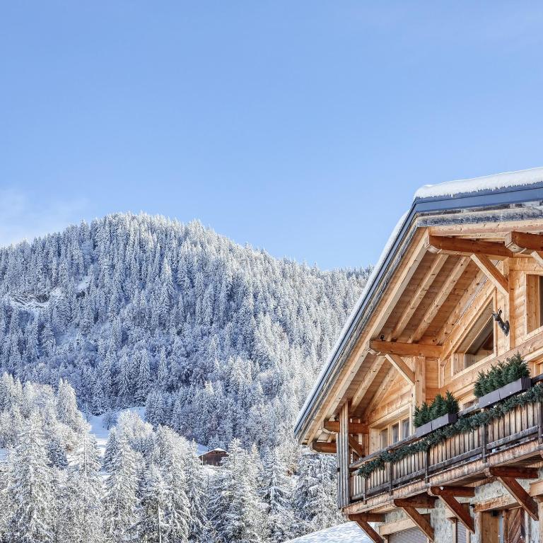 un chalet de ski avec une montagne enneigée en arrière-plan dans l'établissement JAMES TAMG24 - Stunning ski in ski out luxury chalet with indoor pool & cinema, à Praz-sur-Arly