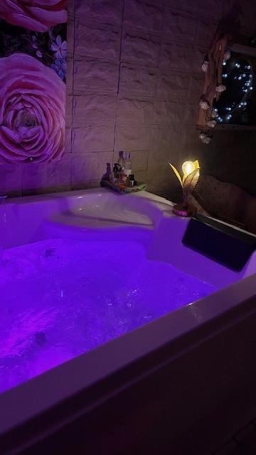 La salle de bains est pourvue d'une baignoire avec des lumières violettes. dans l'établissement La cabane des amoureux du jardin, à Barjols