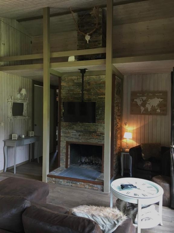 a living room with a fireplace with a tv above it at Chalet le Faye in Waimes