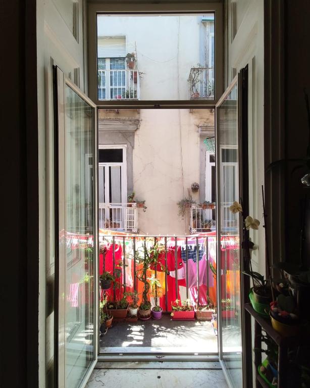 an open window with a view of a balcony with umbrellas at Bed-Letto-Cama in Shared Room Camera Condivisa in Naples