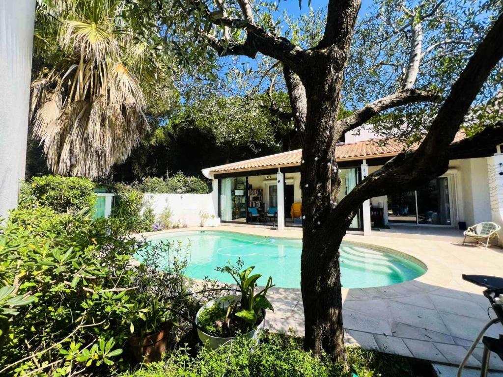 - une piscine à côté d'une maison avec un arbre dans l'établissement Villa Pinede - VILLA de vacances au calme avec espace piscine MAE-0461, à La Grande Motte