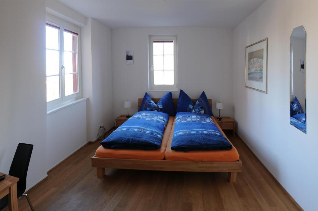 a bedroom with a bed with blue pillows on it at Bed and Breakfast Wegmann in Andelfingen