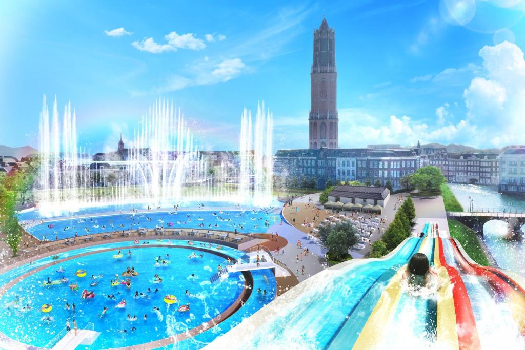 a rendering of a water park with a water fountain at Hotel Amsterdam Huis Ten Bosch in Sasebo