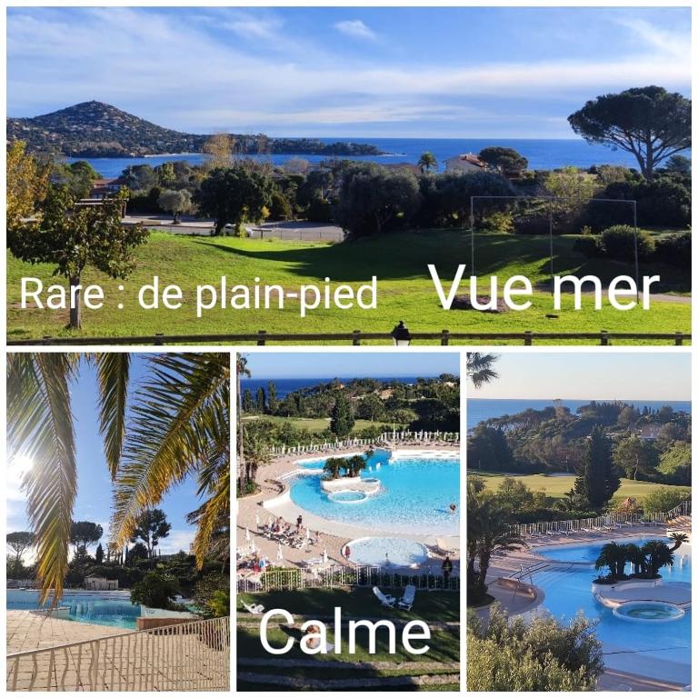 un collage de quatre photos d'un complexe hôtelier dans l'établissement Village Vacances CAP ESTEREL , AGAY , T2 climatisé vue mer panoramique - accès de plain-pied au calme rare sur le site - Piscines et parking couvert inclus, à Saint-Raphaël
