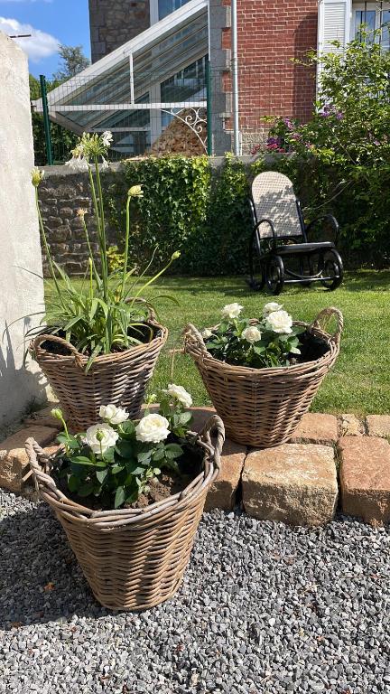 trois paniers avec des fleurs assis sur une marche de pierre dans l'établissement -Les Petites Planches- Gîte Familial entre Terre & Mer, à La Haye-Pesnel