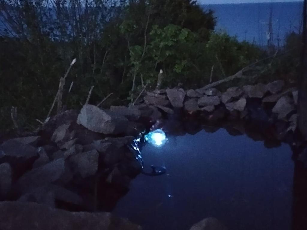 a flashlight in a pool of water at night at Seaside chalet in Ardmore with breathtaking views in Ardmore