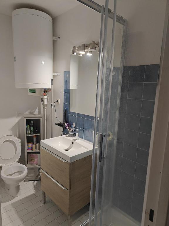 une salle de bain avec toilettes, lavabo et douche dans l'établissement Studio cosy vue mer, à Canet