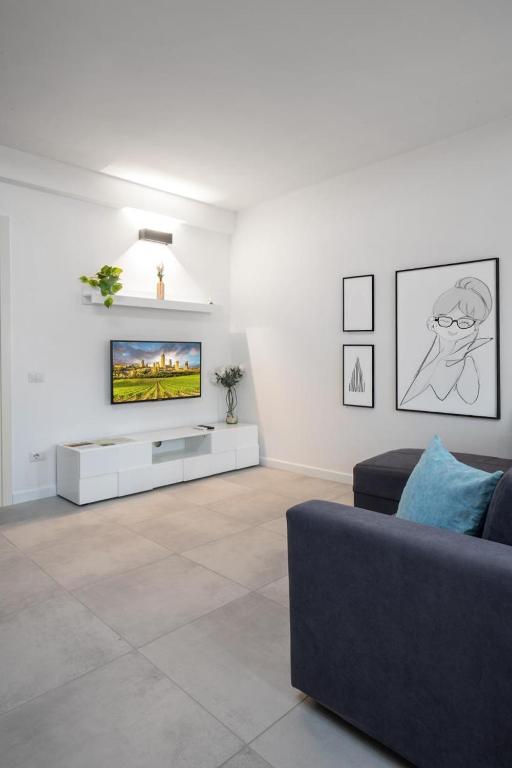 a living room with a couch and a tv on a wall at Apartment24 in Colle di Val d'Elsa