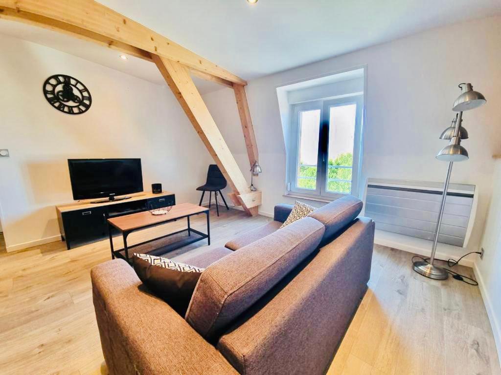 a living room with a couch and a tv at Rue de Reims super T3 tout équipé et parking privé in Bétheny