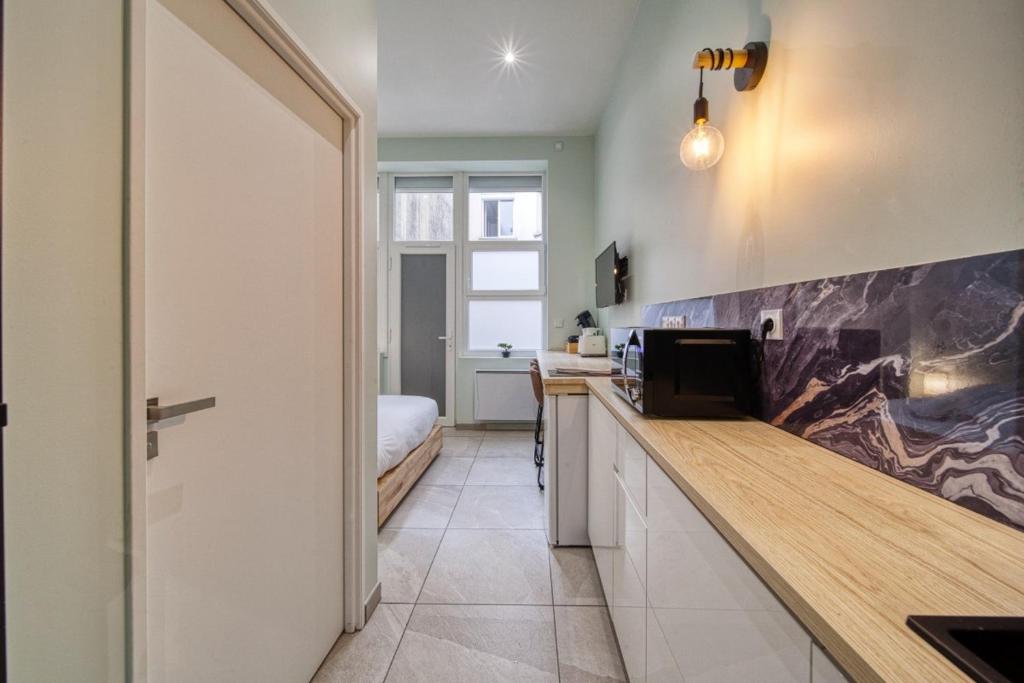 - une cuisine avec un comptoir et un lit dans une chambre dans l'établissement La petite estacade 3, à Grenoble