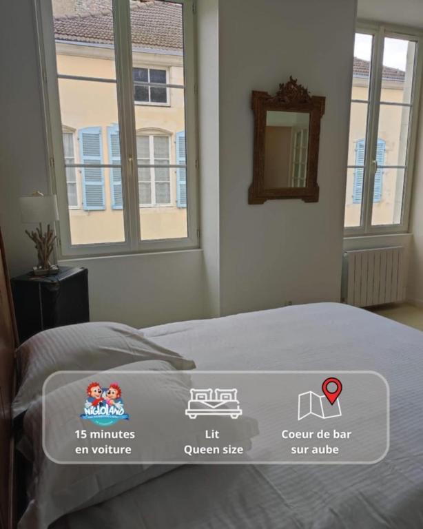 - une chambre avec un lit, un miroir et des fenêtres dans l'établissement Appartement plein de charme - Centre Bar-Sur-Aube, à Bar-sur-Aube