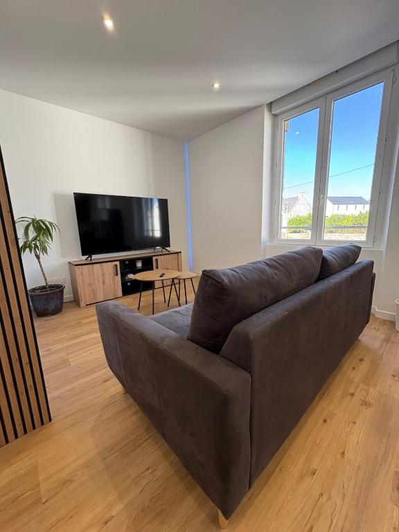 un salon avec un canapé et une télévision à écran plat dans l'établissement Cozy apartment, à Plouharnel