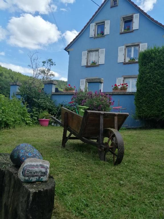 une maison bleue avec une brouette devant elle dans l'établissement L'arbre vert Les Locations de Stéphanie, à Sondernach