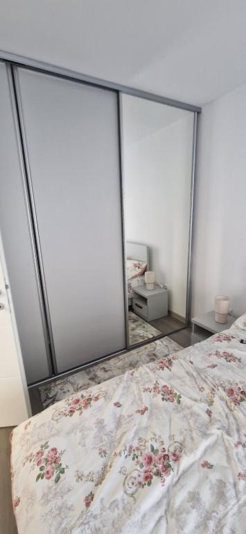 a bedroom with a bed and a large mirror at LuxAsher in Floreşti