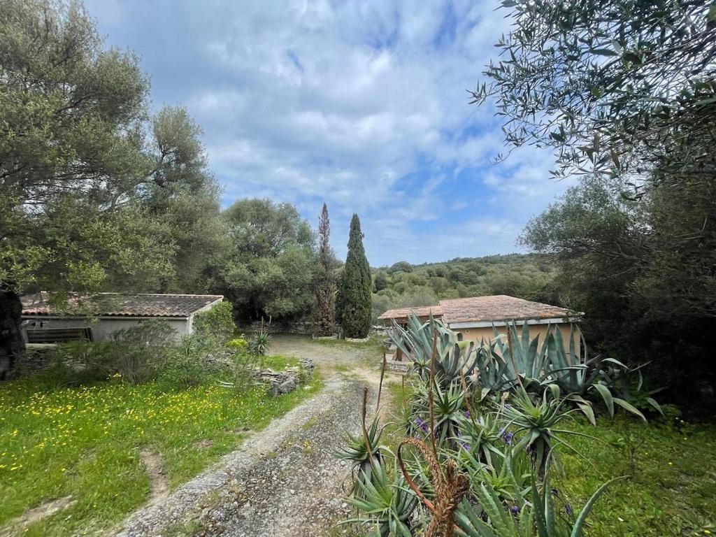 a garden with a house and a dirt road at 2 mini villas indépendantes campagne saint flo in Saint-Florent