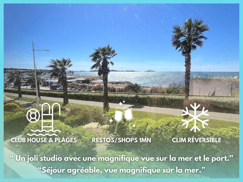 - un panneau indiquant un complexe avec des palmiers et l'océan dans l'établissement Sea Breeze Med - Vue mer climatisé, piscine & Club House à 30m de la plage, à Six-Fours-les-Plages