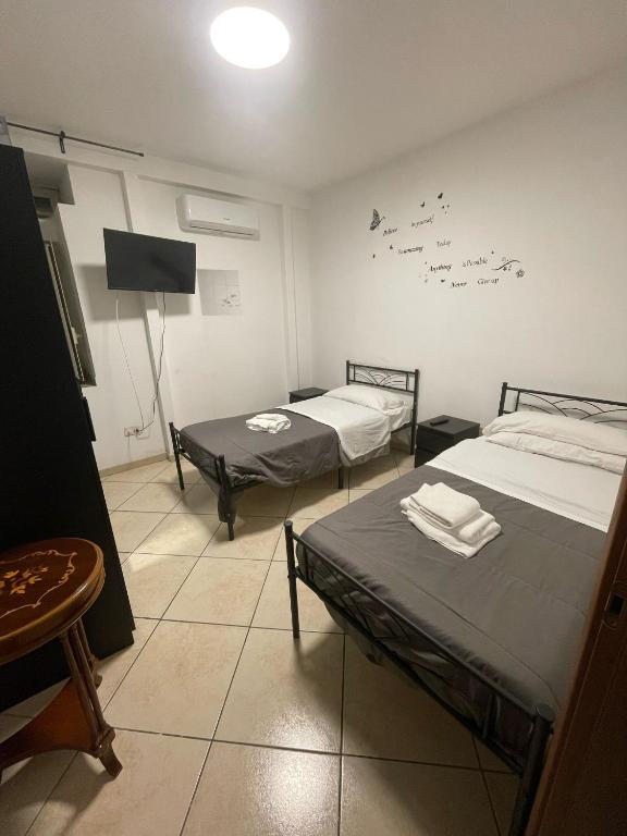 Una habitación con dos camas y un televisor de pantalla plana. en Stabiae Apartment Central, en Castellammare di Stabia