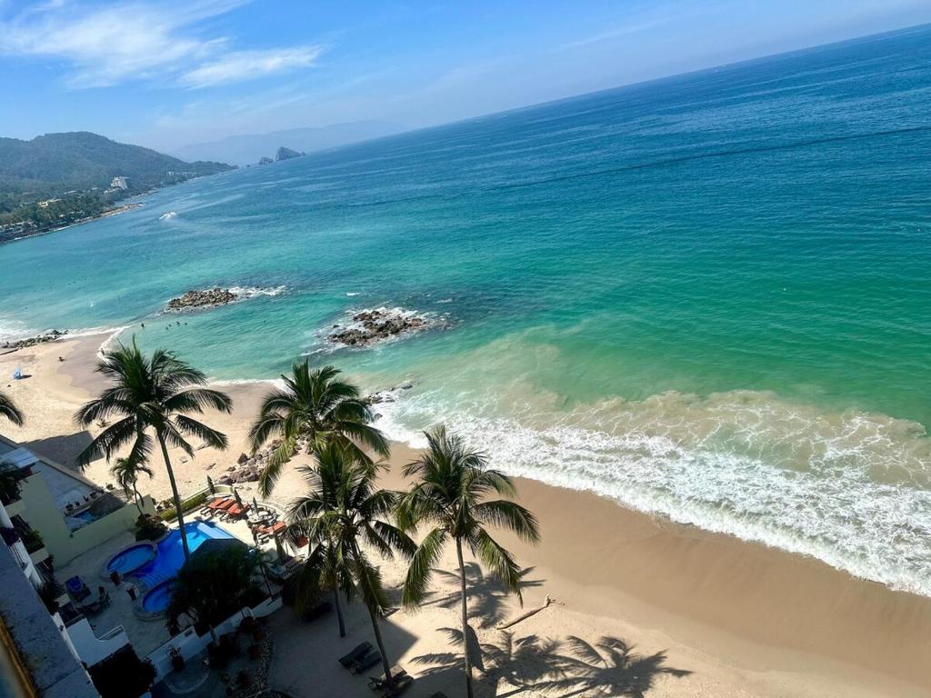 an overhead view of a beach with palm trees and the ocean at Penthouse Vallarta in Puerto Vallarta