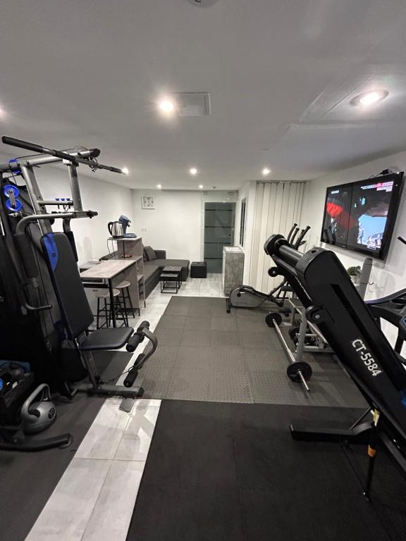 une salle de sport avec des tapis de course et une télévision dans l'établissement Studio sport jacuzzi, à Dijon