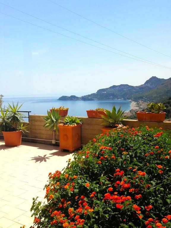 a garden with flowers and a view of the water at Sicily & Sun Letojanni Taormina in Letojanni