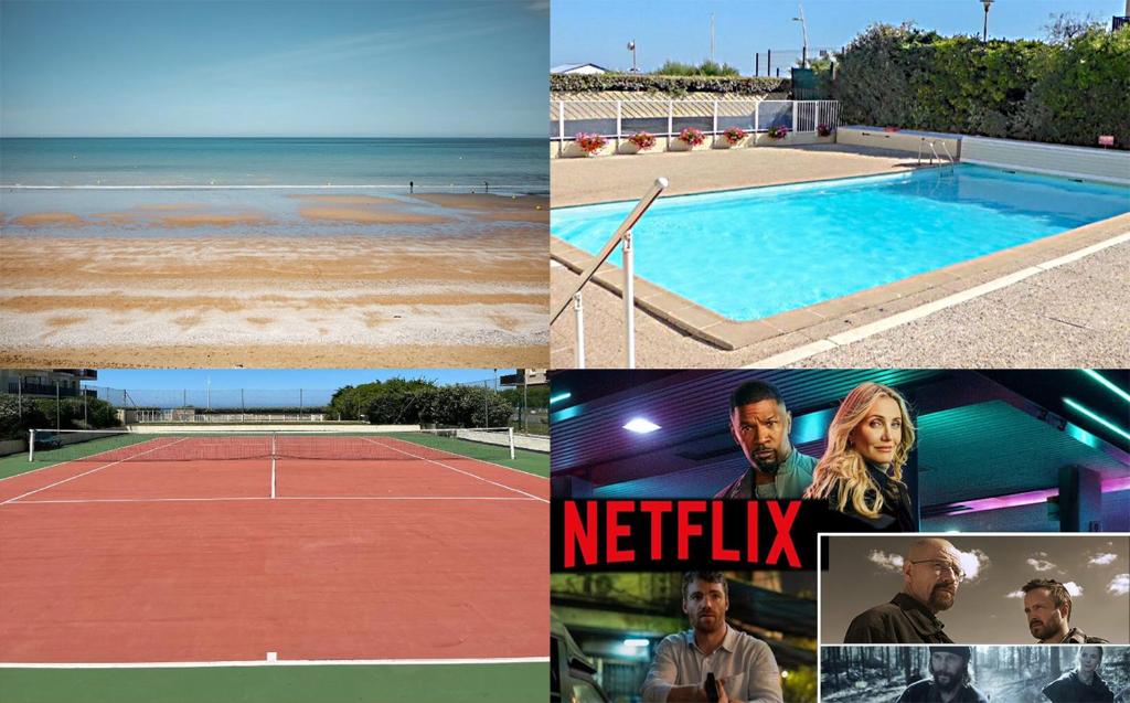 - un collage de photos avec un court de tennis et une piscine dans l'établissement Beau studio avec accès plage, jardin, piscine, tennis, vélos, Netflix, à Cabourg