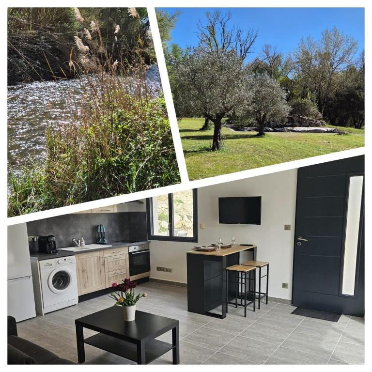 trois photos d'une cuisine et d'un salon dans l'établissement Duplex 2 chambres avec extérieur, à Suze-la-Rousse