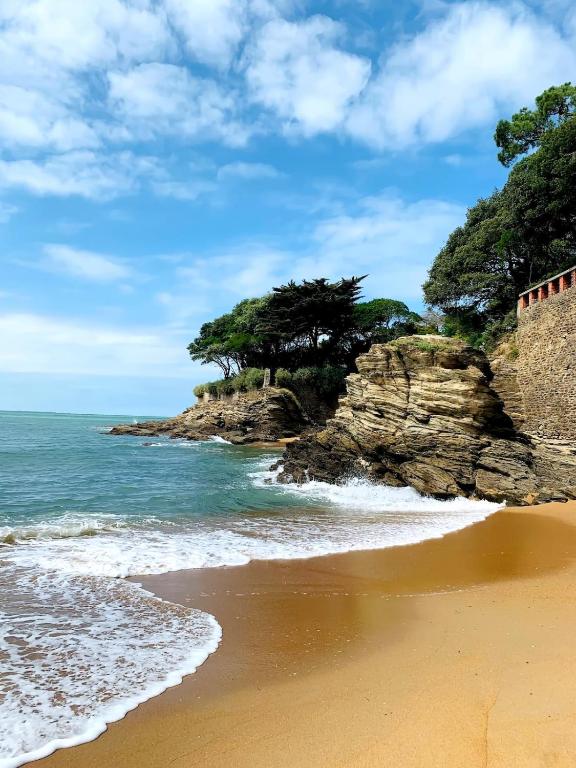 une plage de sable avec des arbres au sommet d'une falaise dans l'établissement Maison au cœur de Pornic et à 50 m du vieux port, à Pornic