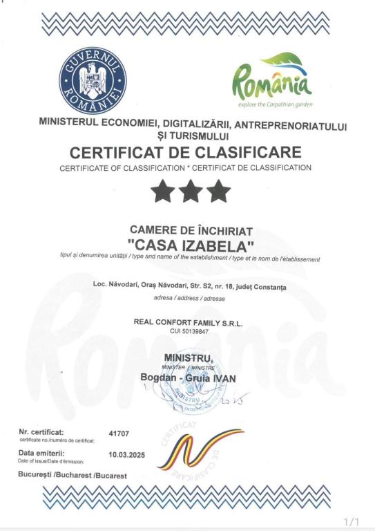 Certifikát, hodnocení, plakát nebo jiný dokument vystavený v ubytování Casa Izabela