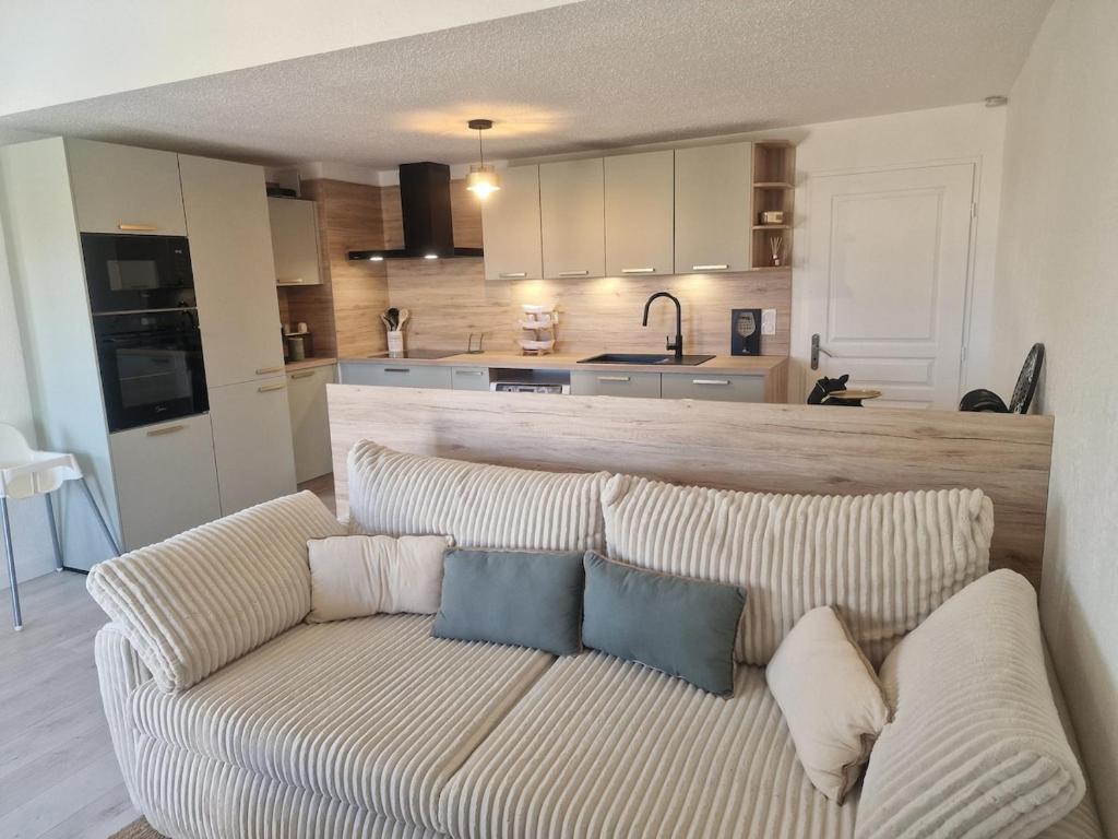 un salon avec un canapé et une cuisine dans l'établissement Cocon canetois, à Canet