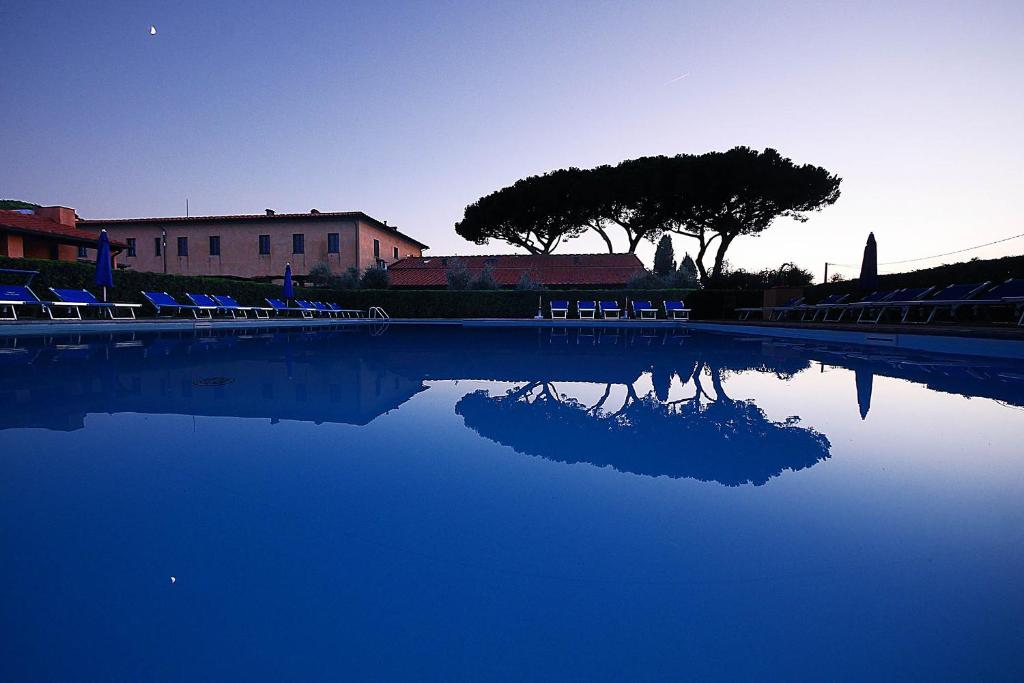 una piscina d'acqua con sedie e alberi sullo sfondo di Podere San Giuseppe a San Vincenzo