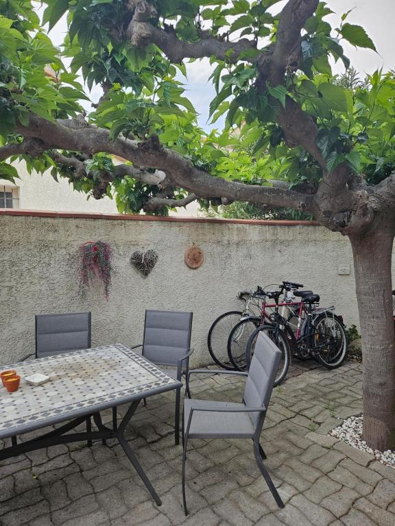 une table et des chaises à côté d'un arbre et de vélos dans l'établissement Maison plage, à Torreilles