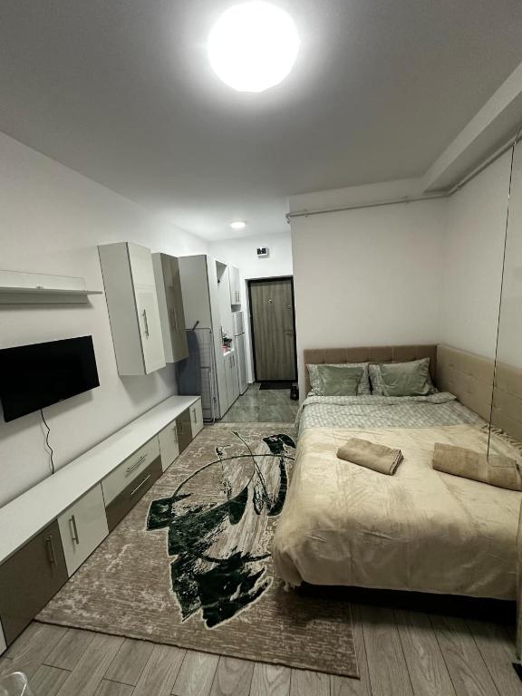 a bedroom with a large bed and a tv at Rosu Residence 2 in Onești