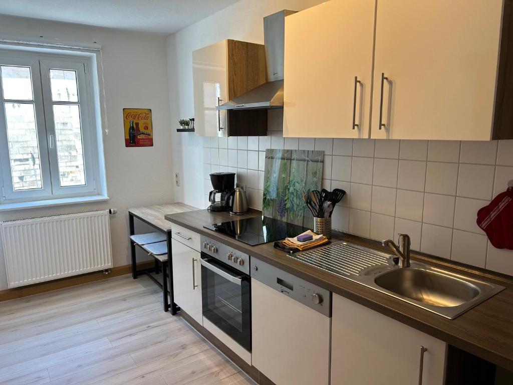Kuchyň nebo kuchyňský kout v ubytování Sandstein-Ferien, FeWo "Biela", gemütlich, zentral, ruhig, Terrasse, Familienfreundl