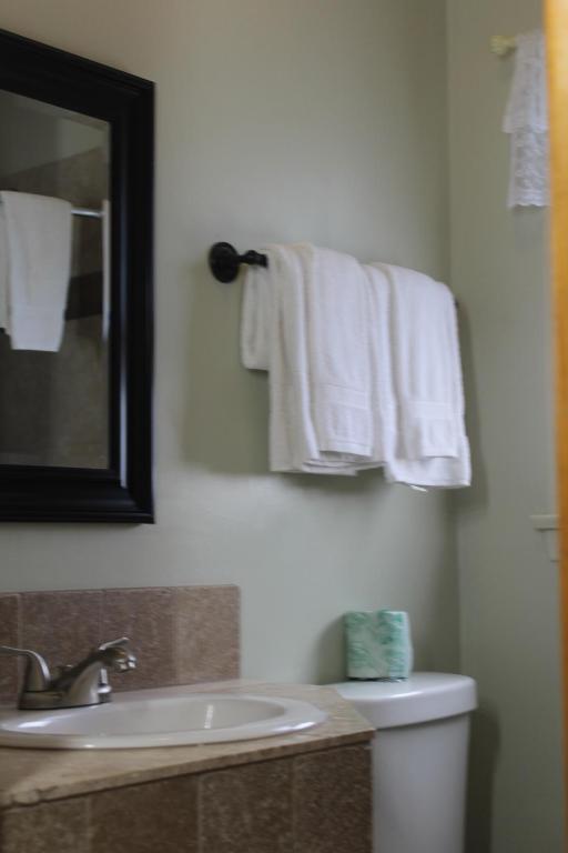 a bathroom with a sink and a mirror and towels at Trees Motel in Bishop