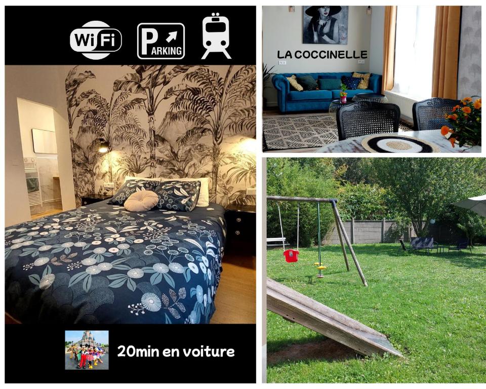 un collage de photos d'une chambre avec un lit dans l'établissement La Coccinelle, votre Oasis entre Paris-Disney, à Ozoir-la-Ferrière