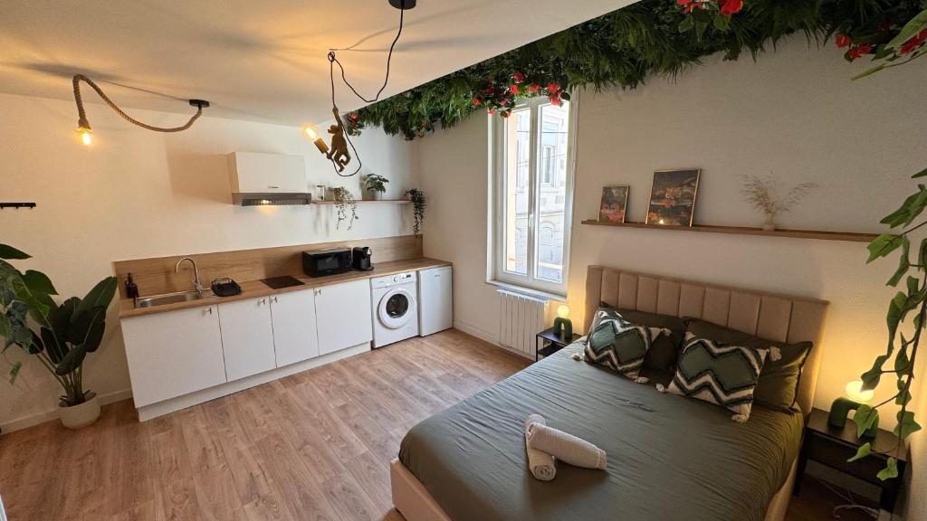 a small room with a bed and a kitchen at Tropical Jungle in Béziers