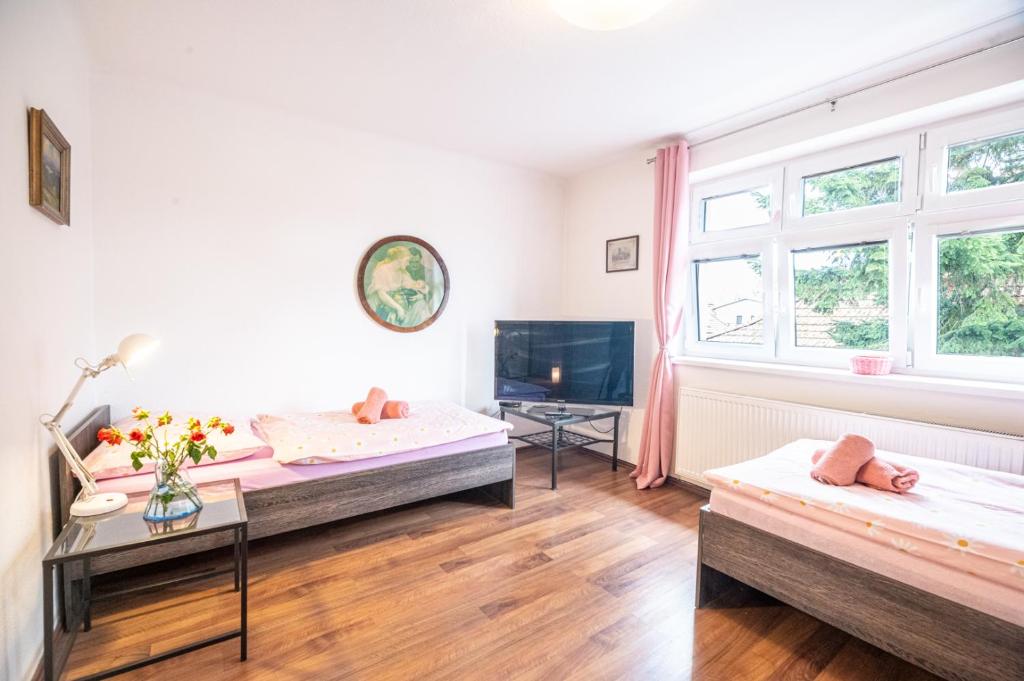 a bedroom with two beds and a tv at Vila Lumír in Poděbrady