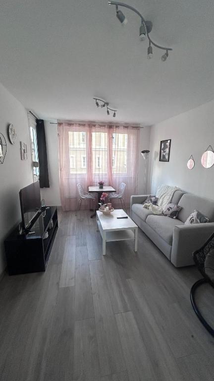 un salon avec un canapé et une table dans l'établissement T3 Cosy situé au centre-ville, à Dunkerque