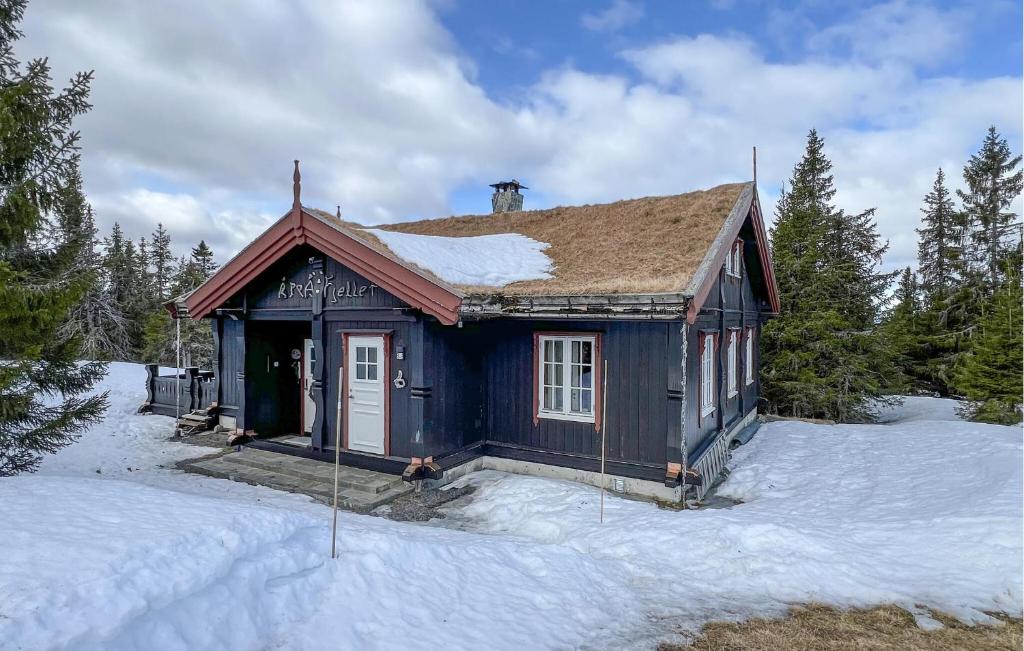 een klein blauw huis met sneeuw op de grond bij Nice Home In Sjusjøen With Wifi in Sjusjøen