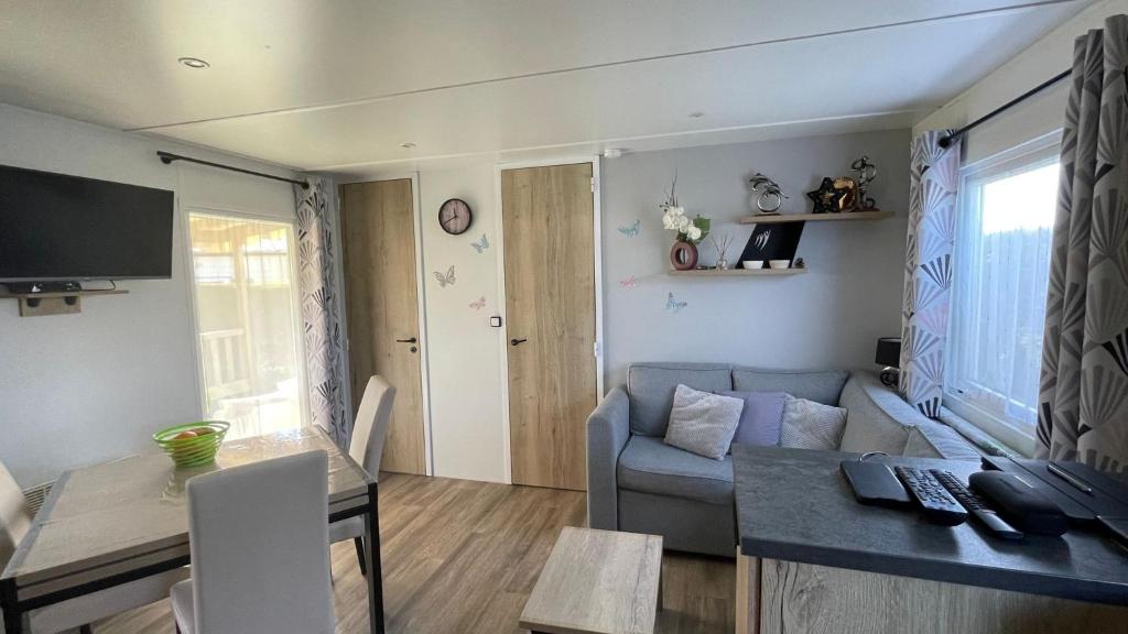 un salon avec un canapé et une table dans l'établissement Large 2 bedroom mobile home Cc441 Siblu Les Charmettes, aux Mathes