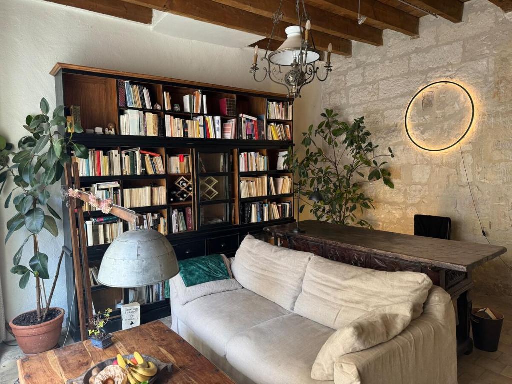 - un salon avec un canapé et une étagère avec des livres dans l'établissement Arlesian house overlooking the arenas, à Arles