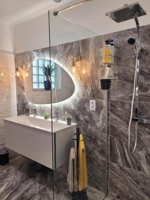 une salle de bain avec un lavabo et un miroir dans l'établissement Villa avec Jardin à 2 pas des remparts d'AVIGNON, à Avignon