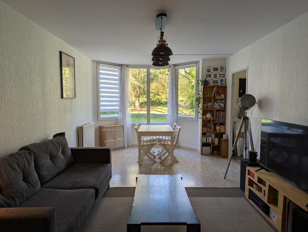 un salon avec un canapé et une table basse dans l'établissement Appartement 4 à 6 couchages au calme, au Mans