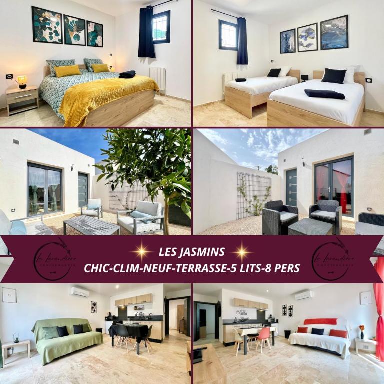 un collage de photos d'une chambre d'hôtel dans l'établissement Les Jasmins - 2 Appartements cosy, CLIM, Terrasse, 5 lits, 2 SDB, 8 personnes, à Fos-sur-Mer