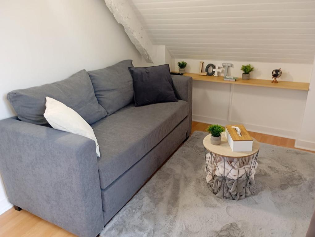 a living room with a blue couch and a table at Charmant appartement Saint-Malo in Saint Malo