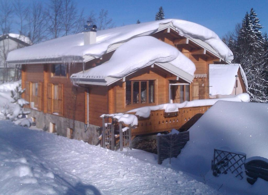 a log cabin with snow on the roof at Appartement Daria in Prémanon